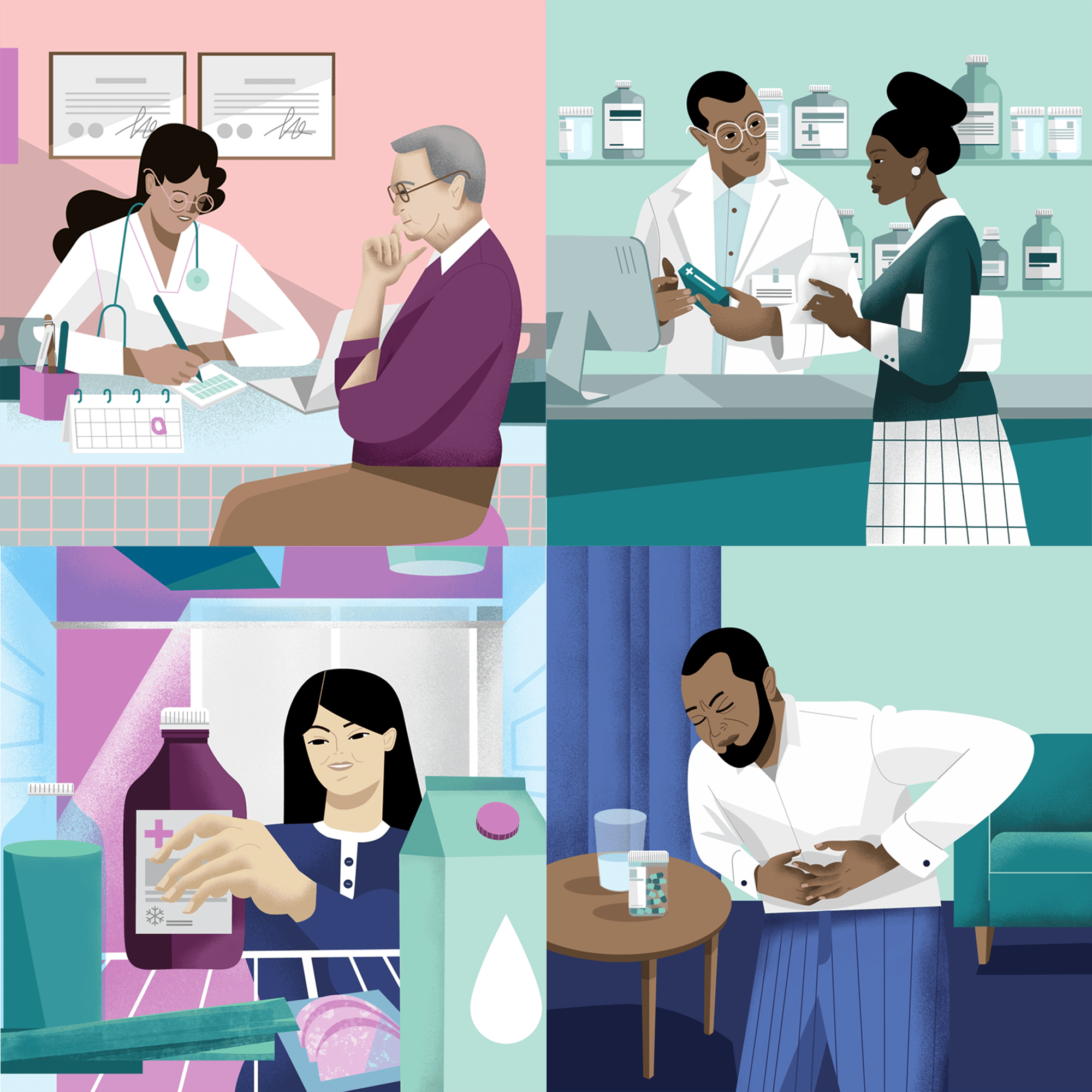 Illustrated collage highlighting stages in the medication process where medication errors can occur. In the first image, a man receives a prescription from his doctor. The second image shows a woman picking up her prescribed medication at a pharmacy. The third image depicts a woman placing her medication in the refrigerator for storage. The final image shows a man clutching his stomach in discomfort. A medicine container is visible in the background.