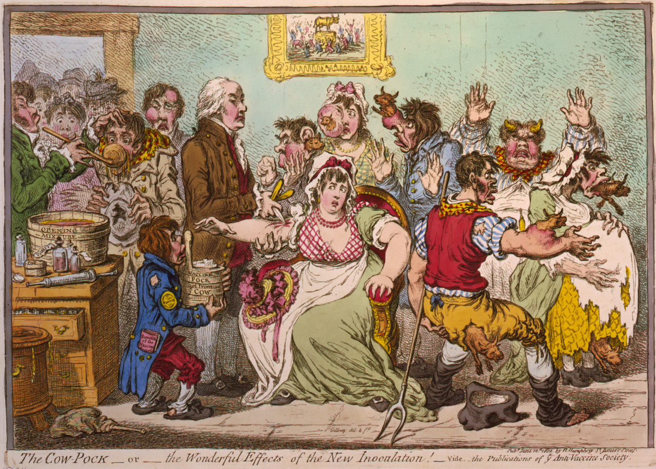 Anti-vaccine sentiment is almost as old as vaccination itself. This 1802 cartoon satirises cow pox inoculation. Image: Wikimedia