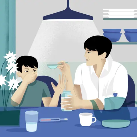 Illustration of a child covering his mouth with his hand as his father attempts to give him medication.